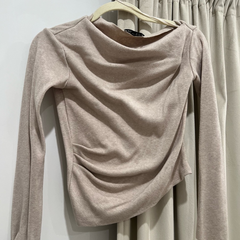 Zara Beige Ruched Draped Long Sleeve Top Size M